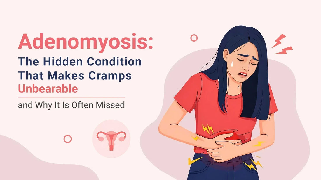 A woman experiencing severe adenomyosis symptoms and unbearable period cramps, highlighting common adenomyosis pain and menstrual discomfort.