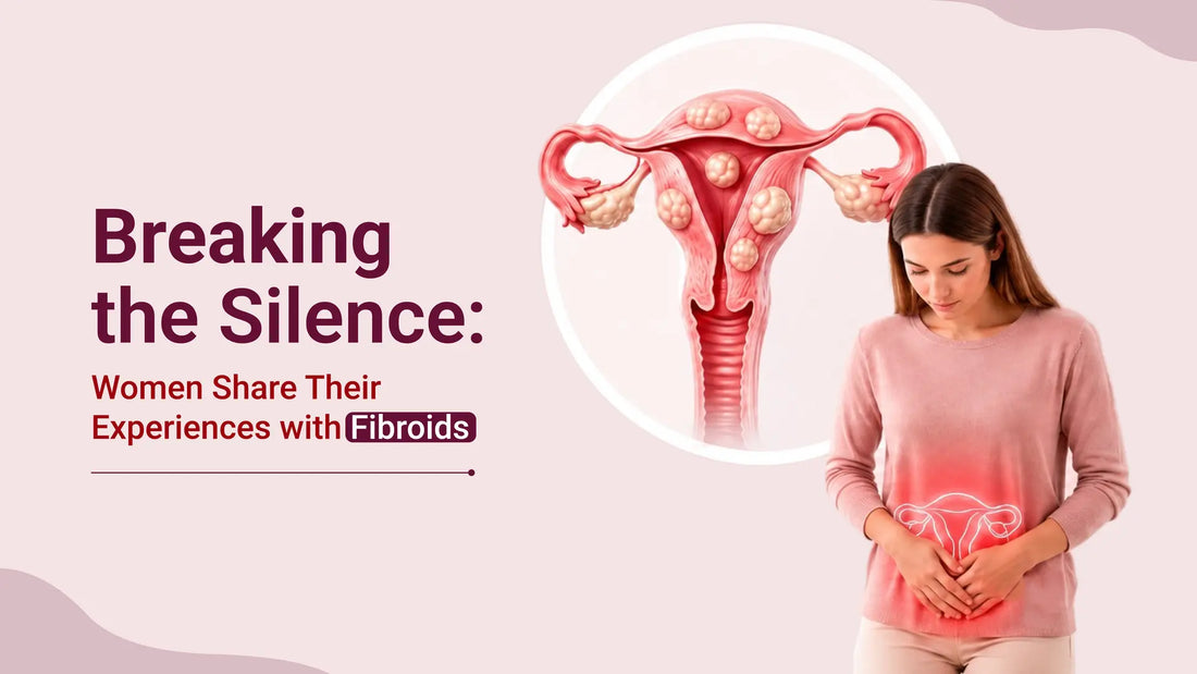 Illustration of uterine fibroid with woman experiencing lower abdominal pain and discomfort.
