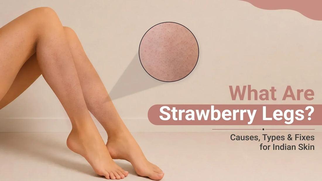 What Are Strawberry Legs? Close-up of female legs showing visible dark pores with a magnified view of strawberry skin texture, illustrating the causes, types, and treatments for strawberry legs on Indian skin.