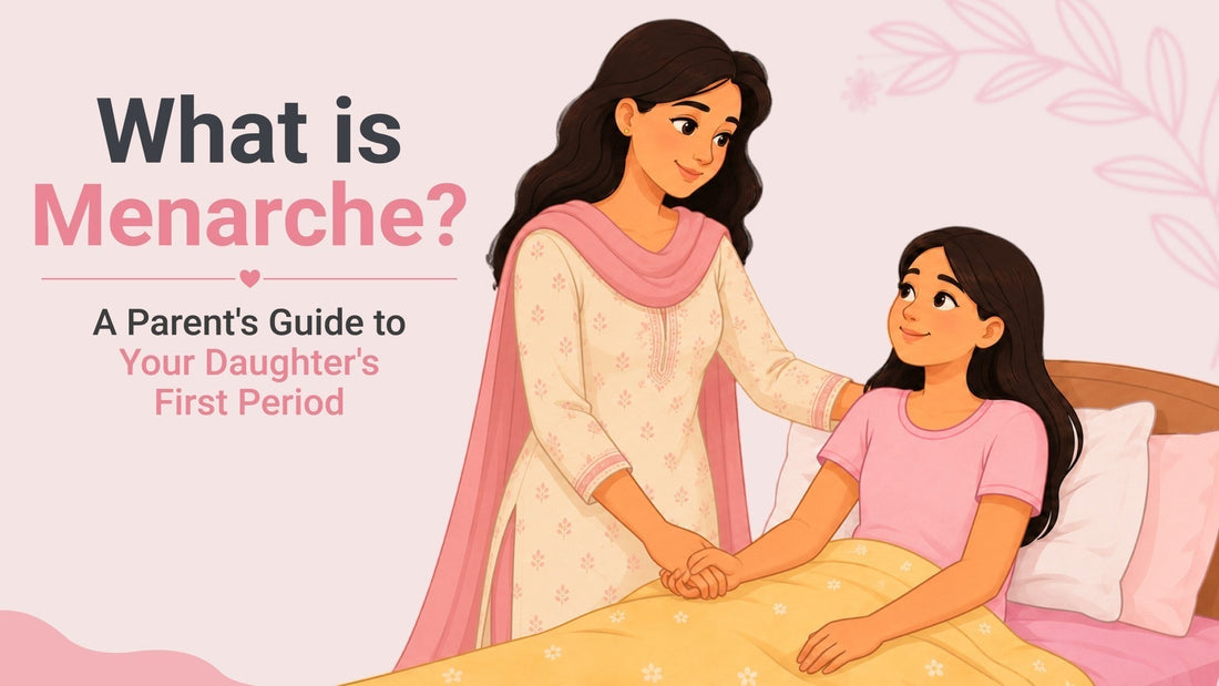 Illustration of a mother comforting her daughter with the title "What is Menarche? A Parent's Guide to Your Daughter's First Period."