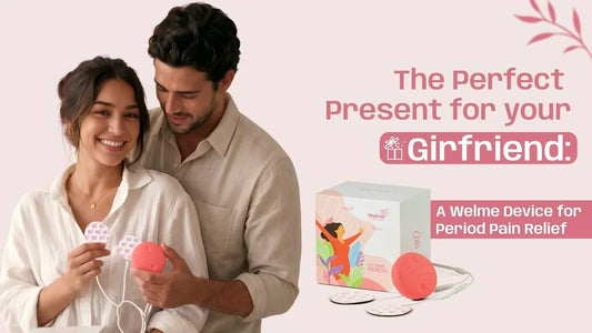 Couple holding the Welme menstrual pain relief device, a thoughtful gift for period pain relief and menstrual comfort.