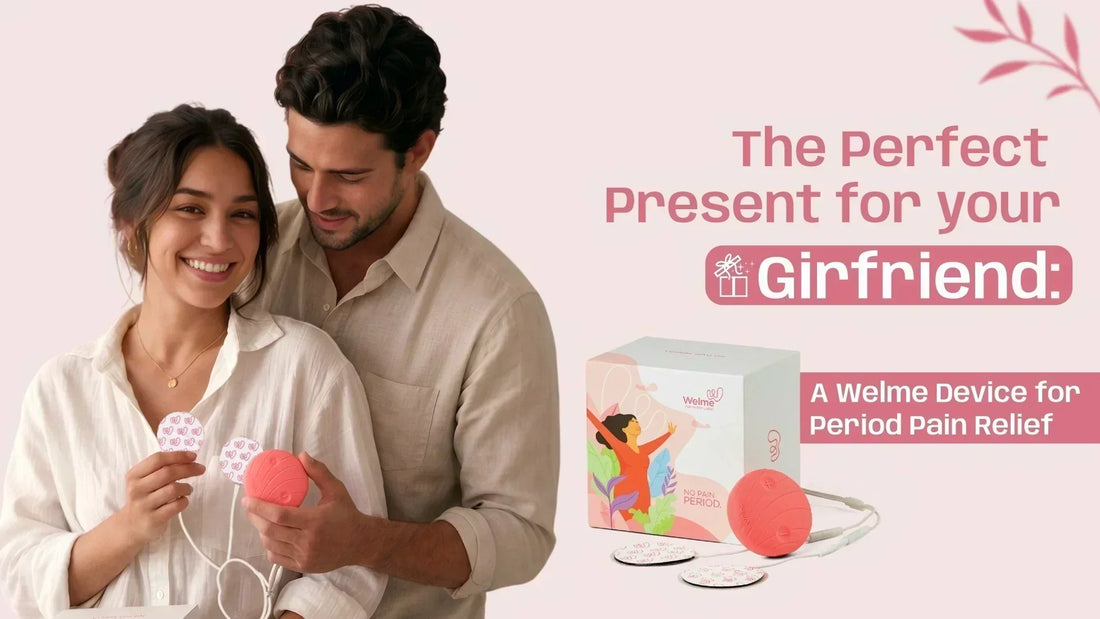 Couple holding the Welme menstrual pain relief device, a thoughtful gift for period pain relief and menstrual comfort.
