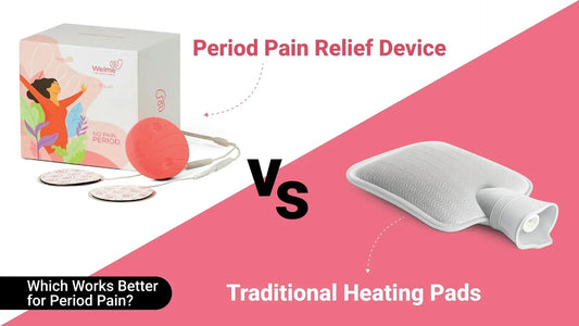 Illustration comparing a wearable TENS period pain relief device with a traditional heating pad, explaining two common methods for managing menstrual cramps and period pain.