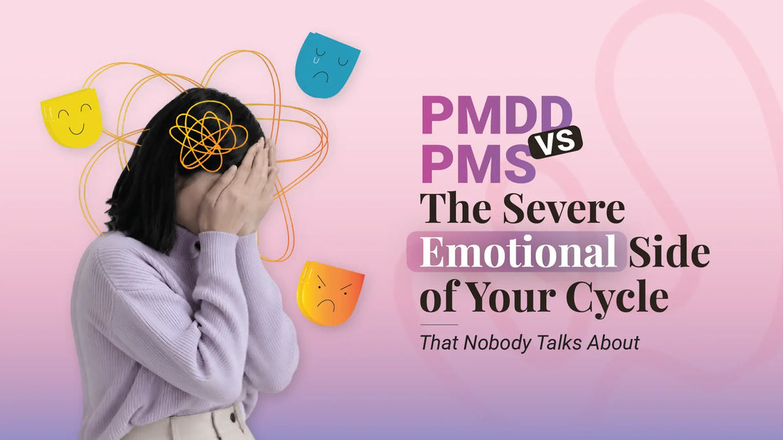 Woman covering her face with emotional stress illustrations and mood icons, alongside the text "PMDD vs PMS: The Severe Emotional Side of Your Cycle That Nobody Talks About