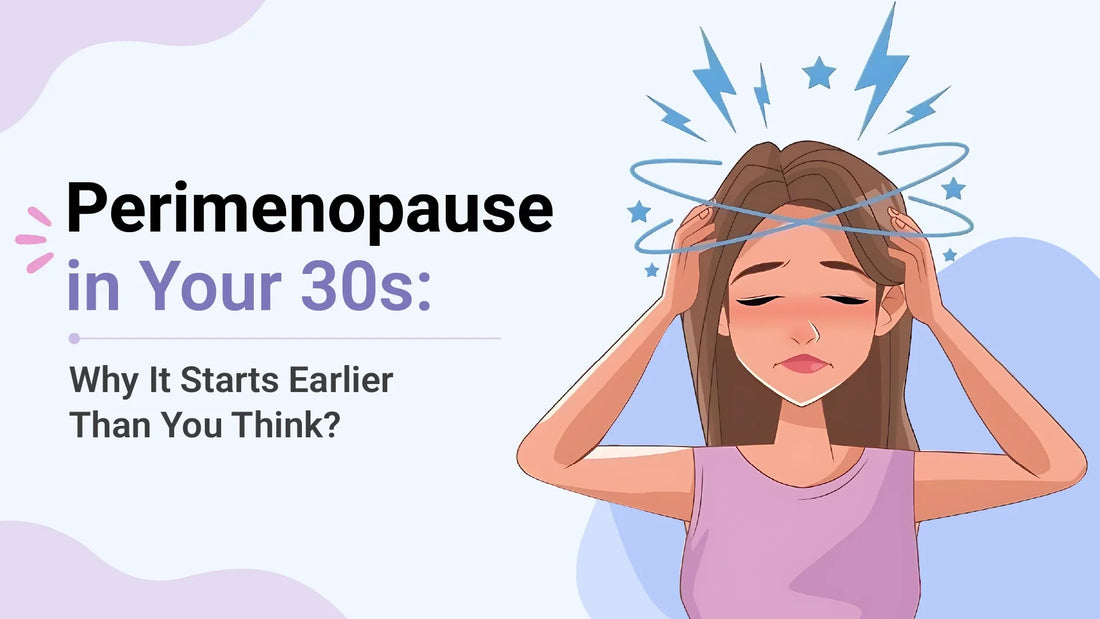 Illustration showing common perimenopause symptoms including headaches, dizziness, and hormonal changes in women.