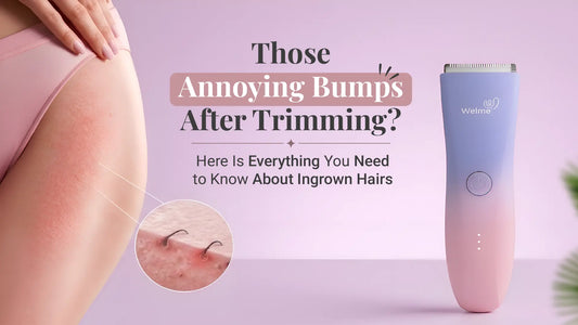Ingrown hair after trimming on the bikini line with visible razor bumps and trapped hairs, explaining causes and prevention after trimming.