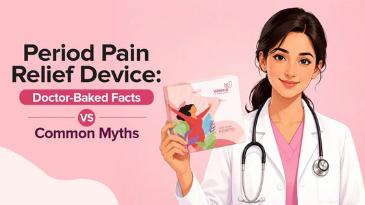 Doctor holding a period pain relief device package, illustrating TENS-based menstrual pain relief and common period pain myths.