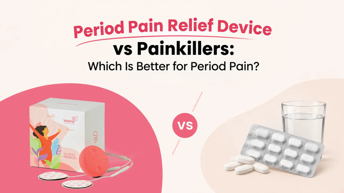 Welme TENS period pain relief device next to a strip of painkiller tablets