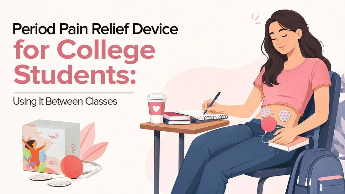 Period pain relief device for college students, shown with a student using the wearable device while studying.