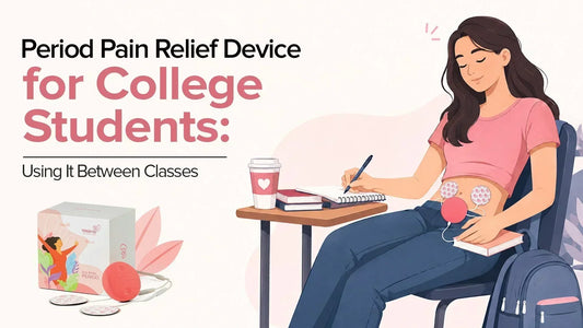Period pain relief device for college students, shown with a student using the wearable device while studying.
