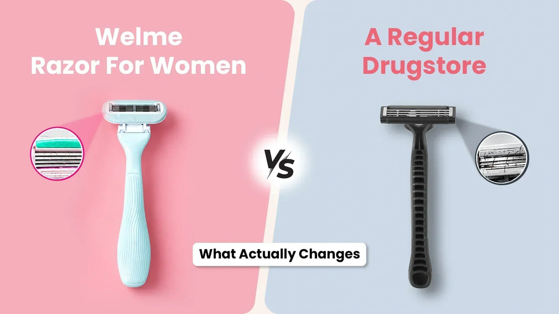 Razor designed for women's intimate areas with a pivoting curved head and lubricating strip, shown beside a standard drugstore razor