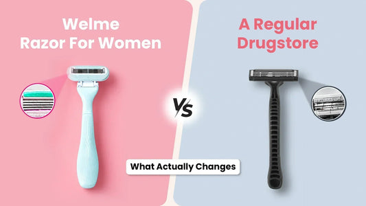 Razor designed for women's intimate areas with a pivoting curved head and lubricating strip, shown beside a standard drugstore razor