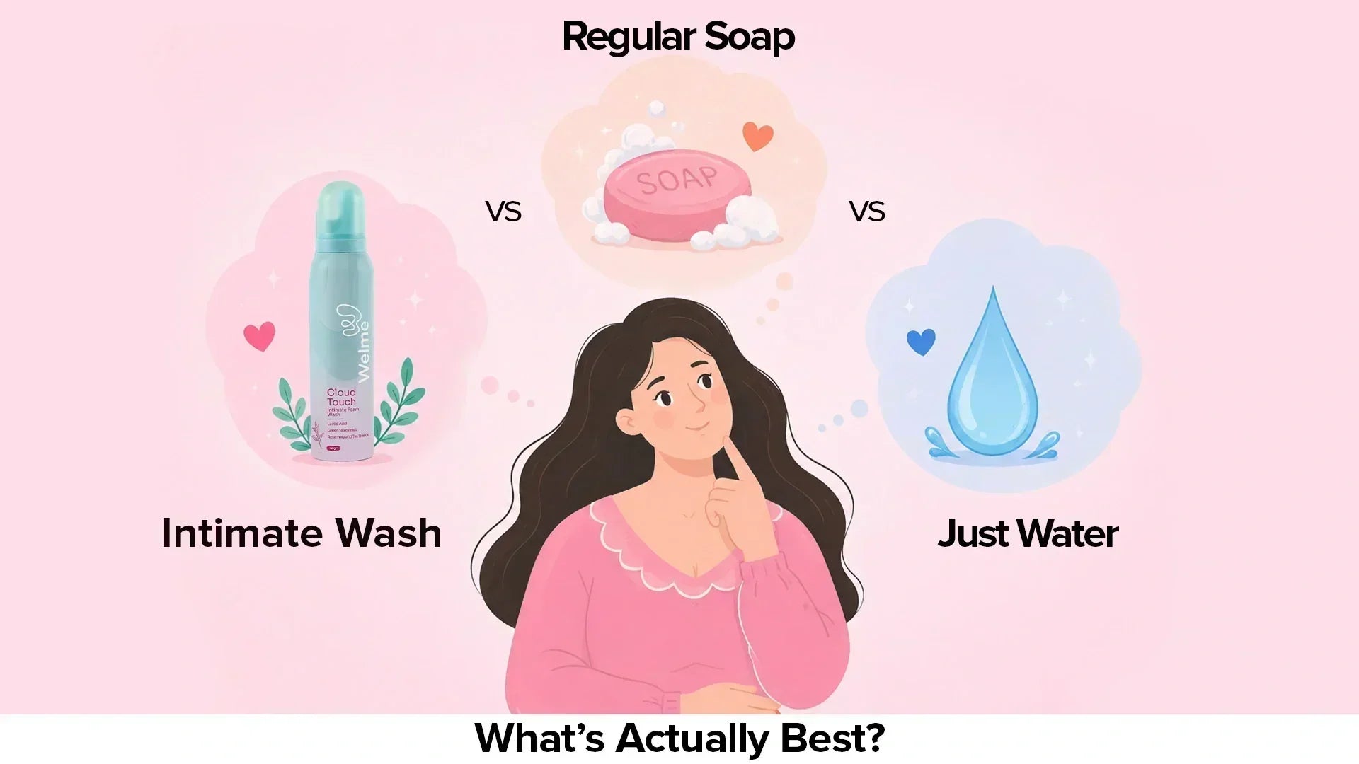 Illustration comparing intimate wash, regular soap, and plain water for intimate hygiene.
